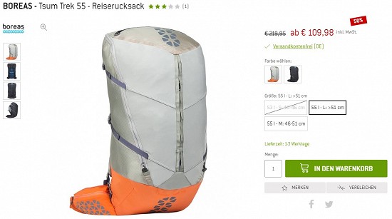 Boreas - Tsum Trek 55 - Reiserucksack 109,98€ - 50% gespart