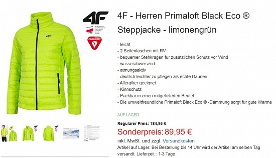 4F - Herren Primaloft Black Eco ® Steppjacke 89,95€ - 51% reduziert