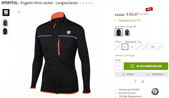 Sportful - Engadin Wind Jacket - Langlaufjacke 60,47€ - 45% günstiger
