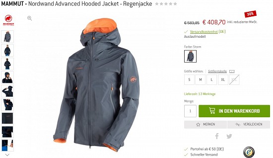 Mammut - Nordwand Advanced Hooded Jacket - Regenjacke 408,70€ - 30% Ersparnis