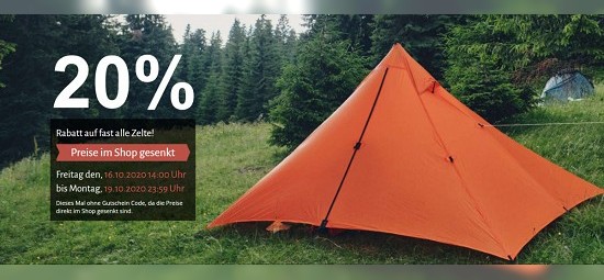 20 % Rabatt auf Zelte bei trekking-lite-store