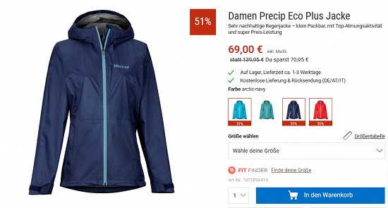 Bergzeit Hammerangebot - Marmot Precip Eco Plus-Regenjacke für 69 € - jetzt 51 % günstiger