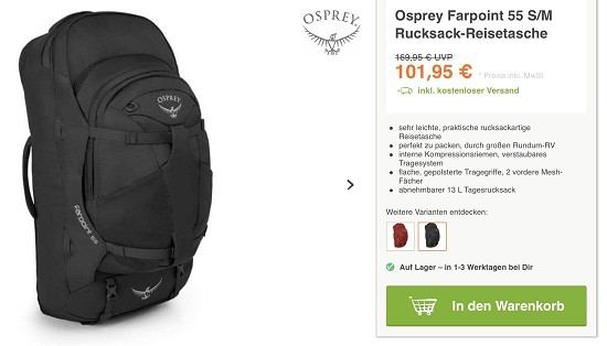 Spare über 60 € auf den Osprey Farpoint Reiserucksack!